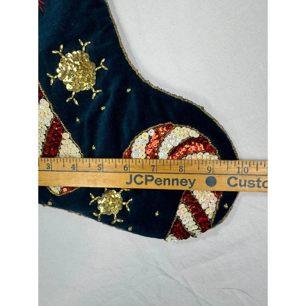 Prima Creations Velvet Christmas Stockings Navy Burgundy Sequin Candy Cane Set 2